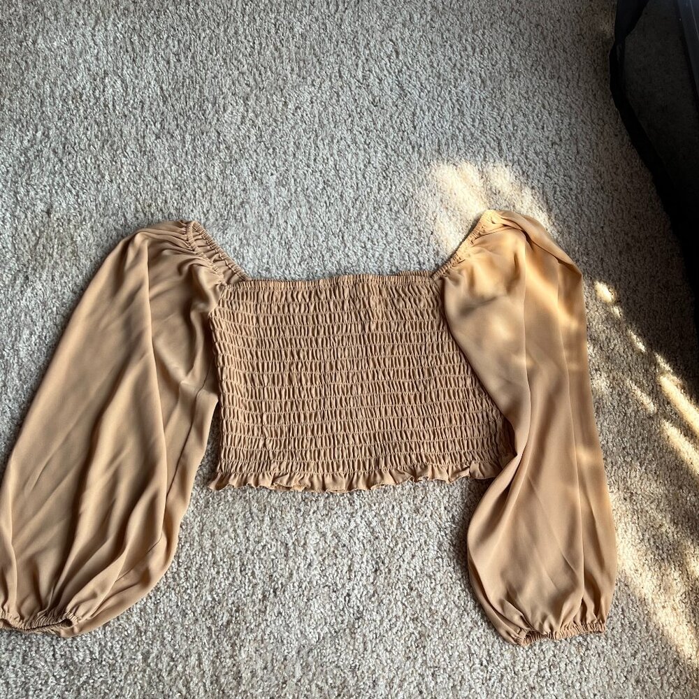 Women's Venus Ruched Blouse w/ Balloon Sleeve Beige in Size XL